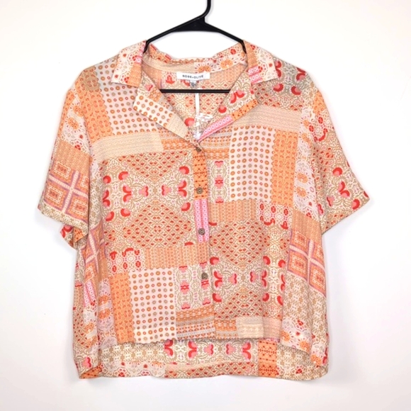 Rose & Olive Tops - Rose + Olive Orange White Button  Short Sleeve Blouse Loose Pattern  New Tag